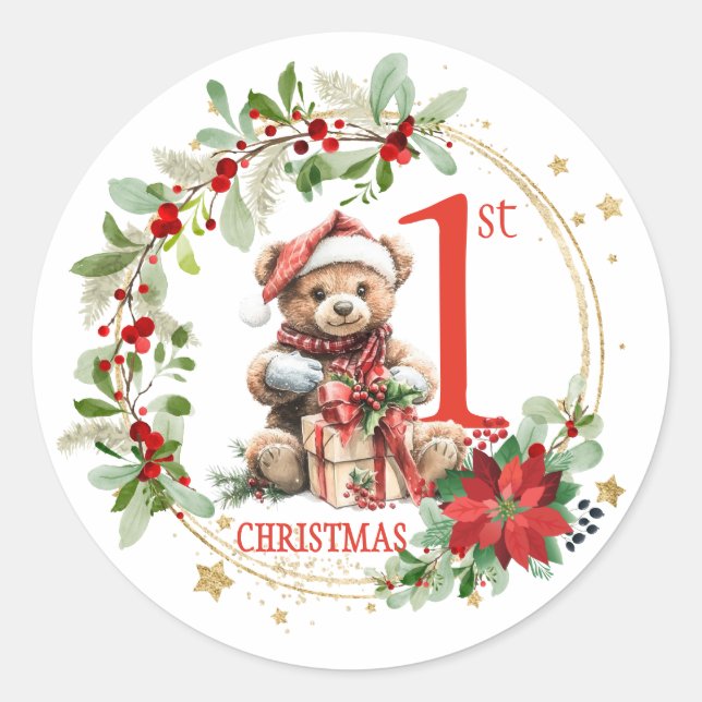 Sticker Rond Ours Poinsettia Foliage Baby's First Christmas (Devant)