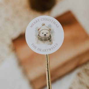 Sticker Rond Ours polaire aquarelle Joyeux Noël personnalisé