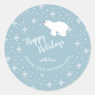 Sticker Rond Ours polaire bleu poussiéreux tomber neige joyeuse