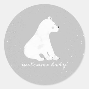 Sticker Rond Ours polaire Cub hiver neige gris Baby shower