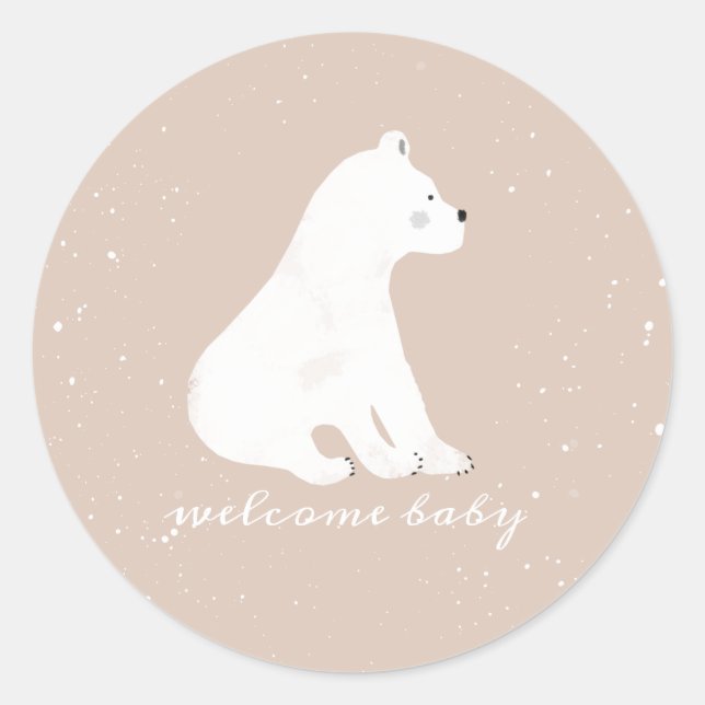 Sticker Rond Ours polaire Cub hiver neige rose Baby shower (Devant)