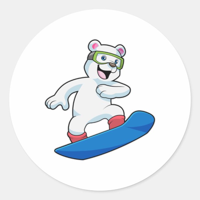 Sticker Rond Ours polaire en Snowboardeur avec Snowboard (Devant)