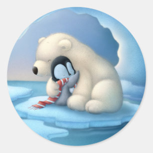 Sticker Rond Ours polaire et pingouin