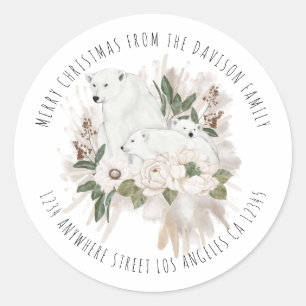 Sticker Rond Ours polaires Nom Retour Adresse Joyeux Noël