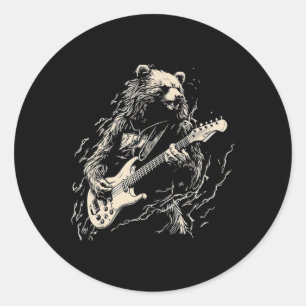 Sticker Rond Ours Rétro Jouer Basse Guitare Ours Guitariste Mus