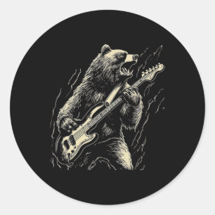 Sticker Rond Ours Rétro Jouer Basse Guitare Ours Guitariste Mus