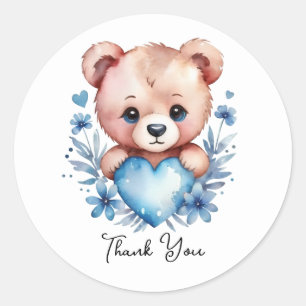 Sticker Rond Ourson aquarelle mignon, Merci Cœur Bleu