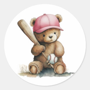 Sticker Rond Ourson de baseball Casquette rose Fille Baby Showe