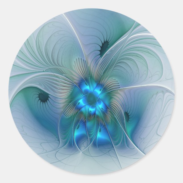 Sticker Rond Ovation debout, turquoise bleu abstrait fractal (Devant)