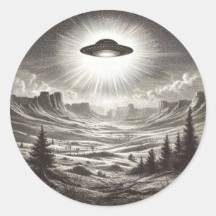 Sticker Rond OVNI vintage sur les Aliens de soucoupes volantes 