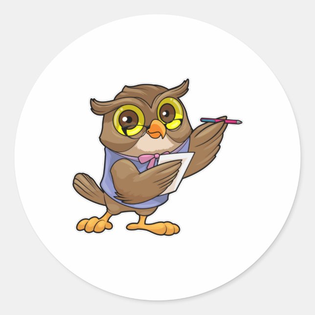Sticker Rond Owl comme secrétaire avec stylo et note (Devant)