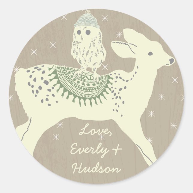 Sticker Rond Owl Deer Fawn Casquettes et couvertures tricotés É (Devant)