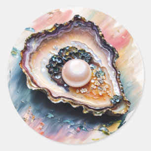 Sticker Rond Oyster Avec Pearl Sea Life Art