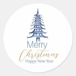 Sticker Rond Pagode Bleue Arbre de Noël