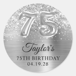 Sticker Rond Pailleté Anniversaire 75 ans Feuille d'Argent