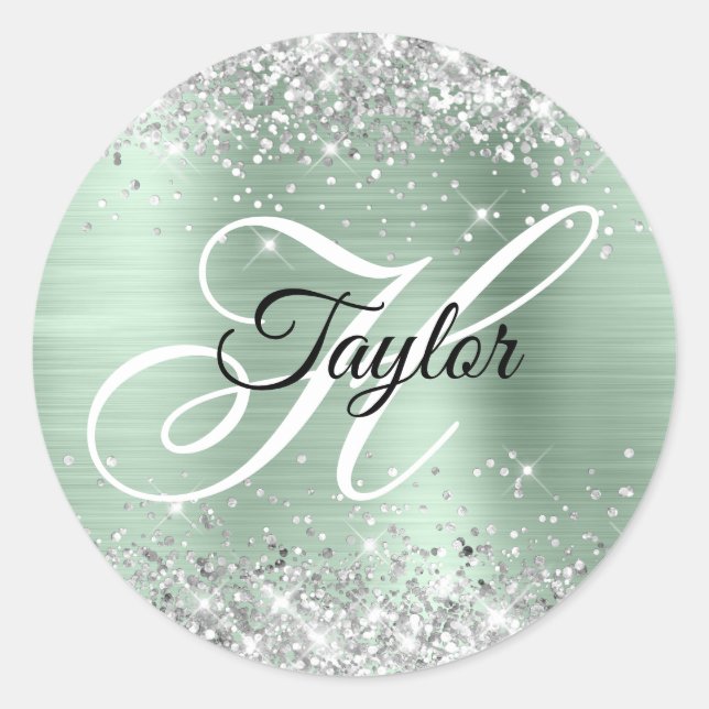 Sticker Rond Pailleté Argent Clair Monogramme Fantaisie Feuille (Devant)
