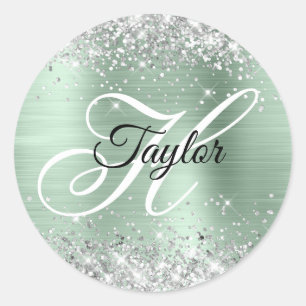 Sticker Rond Pailleté Argent Clair Monogramme Fantaisie Feuille