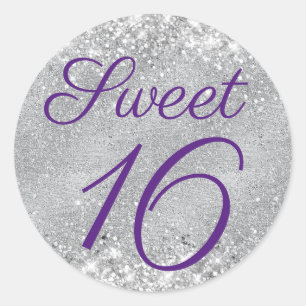 Sticker Rond Pailleté Argent et Violet Royal Sweet 16