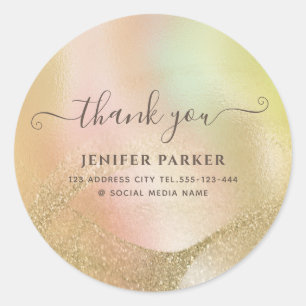 Sticker Rond Pailleté holographique or écriture merci