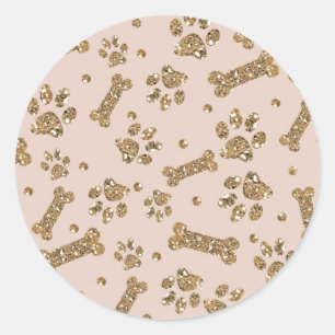 Sticker Rond Pailleté Or Beige Rosé Patte D'Os Chien Chiot