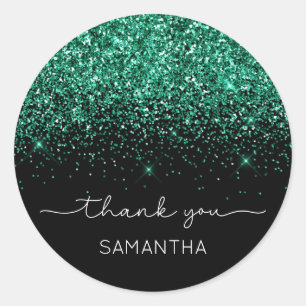 Sticker Rond Pailleté Turquoise Vert Paillettes Noir Nom Merci