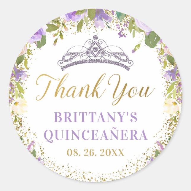 Sticker Rond Paillette Florale violette or Quinceanera Merci (Devant)
