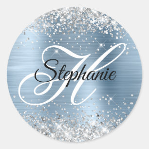 Sticker Rond Paillettes Argentées Monogramme Fantaisie en Feuil