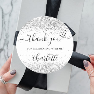 Sticker Rond Paillettes d'argent blanches merci
