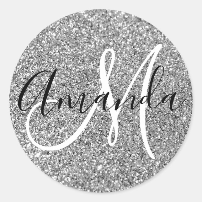 Sticker Rond Paillettes de fausse argent avec monogramme fémini (Devant)