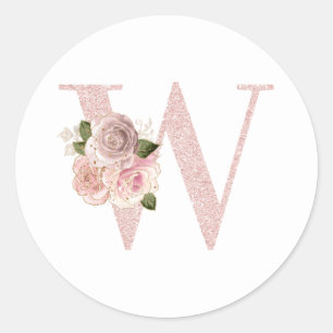 Sticker Rond Paillettes de rose pâle féminin avec monogramme W