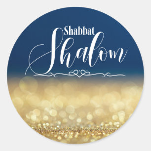 Sticker Rond Paillettes dorées scintillent bleu, Shabbat Shalom