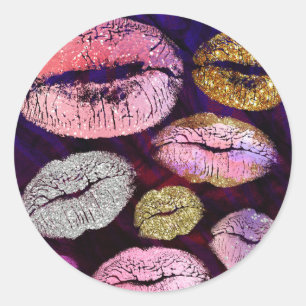 Sticker Rond Paillettes Étincelantes Baiser Lèvres Beauté Maqui
