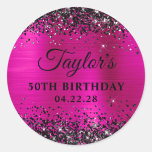 Sticker Rond Paillettes noires rose chaud métallisé 50e anniver