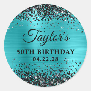 Sticker Rond Paillettes noires Turquoise Bleu Feuille 50e Anniv