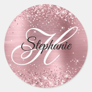 Sticker Rond Paillettes Rose Clair Feuille Monogramme Fantaisie