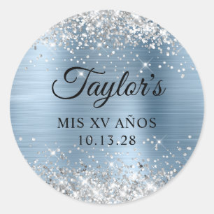 Sticker Rond Paillettes Silver Bleu Clair Phuile Mis XV Anos