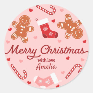 Sticker Rond Pain d'épices Candycane Bas Noël rose