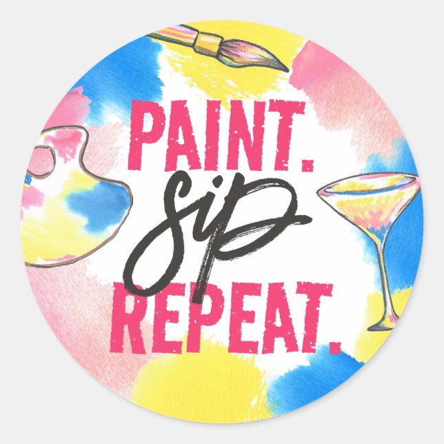 Sticker Rond Paint Sip Repeat Bachelorette Party Favor (Devant)
