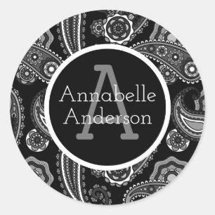 Sticker Rond Paisley noir et blanc Personnaliser