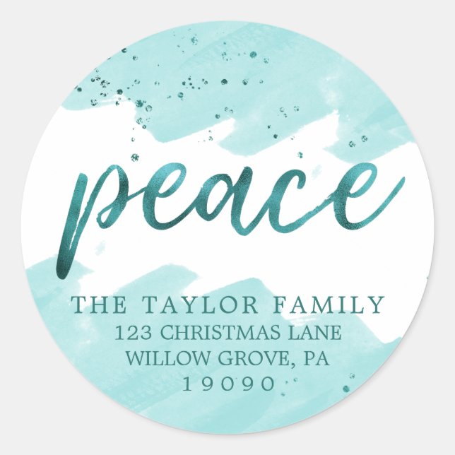 Sticker Rond Paix | Aquarelle Turquoise Adresse de retour de No (Devant)