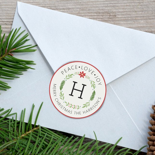 Sticker Rond Paix festive Amour Joie Monogramme (Festive Peace Love Joy Monogram Classic Round Sticker)