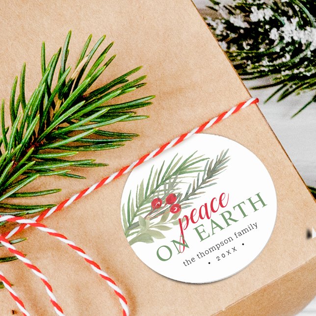Sticker Rond Paix sur Terre Festive Noël vert (Peace on Earth Festive Christmas Greenery Classic Round Sticker)