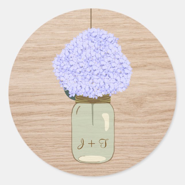 Sticker Rond Pale Blue Hydrangea & Mason Jar Fête des mariées (Devant)