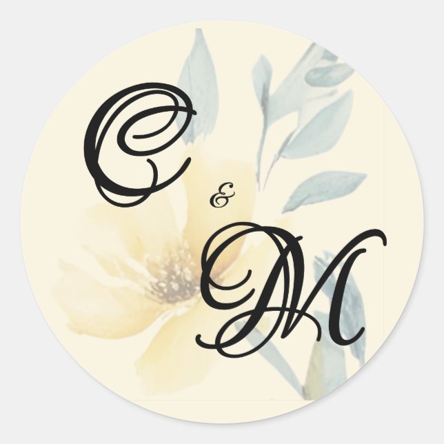 Sticker Rond Pale Butter Yellow Soft Blue Floral Wedding (Devant)