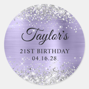 Sticker Rond Pale Lavender Silver Glittery Foil 21e anniversair