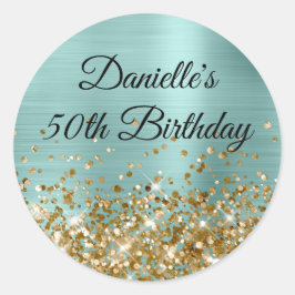 Sticker Rond Pale Turquoise Foil Gold Parties scintillant 50e a
