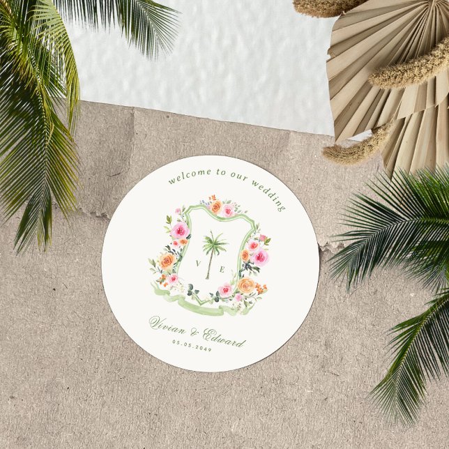 Sticker Rond Palm Tree Monogramme Plage tropicale Mariage Bienv (Créateur téléchargé)