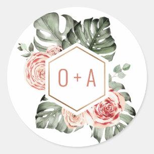Sticker Rond Palme tropicale et Monogramme Mariage Rose