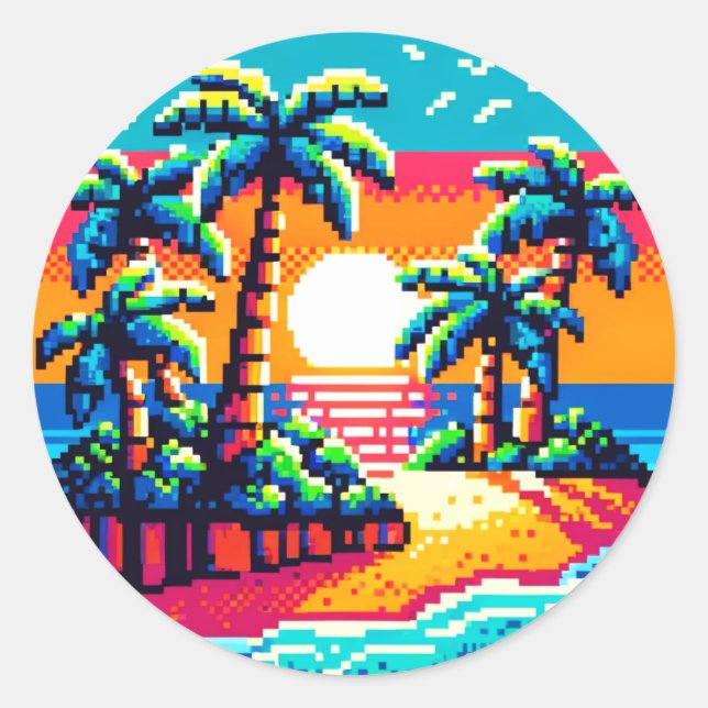 Sticker Rond Palmes Pixel : Sérénité tropicale (Devant)