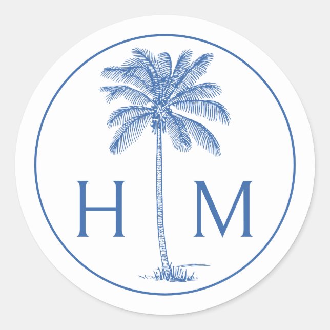 Sticker Rond Palmier bleu et blanc Monogramme de palmier (Devant)